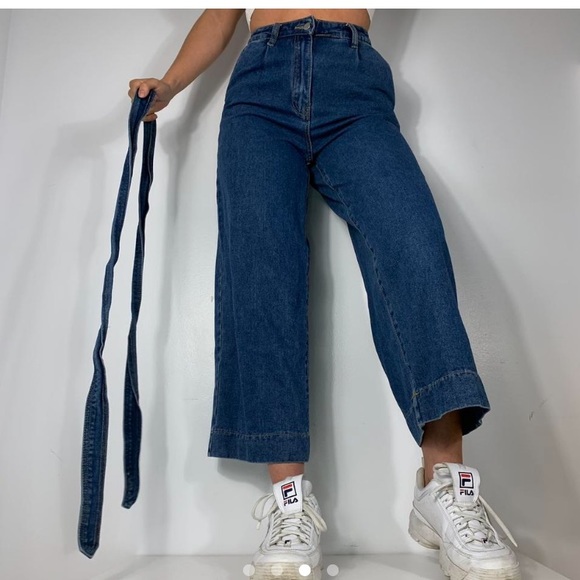 VINTAGE DARK WASH LACED UP BELT AUTHENTIC DENIM HIGH WAISTED WIDE LEG MOM JEANS - Picture 4 of 4